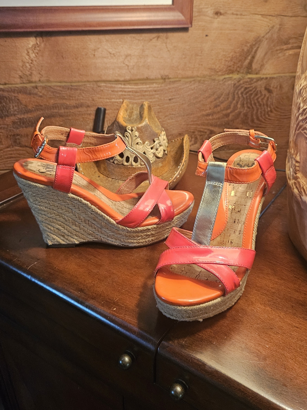 Sofft Orange and Coral Patent Leather Wedge Sandals